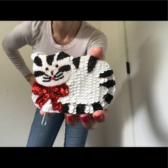 Vintage Handbags - NWOT Sequin Kitty Cat Coin Purse Wristlet Tuxedo Kitty Red Ribbon